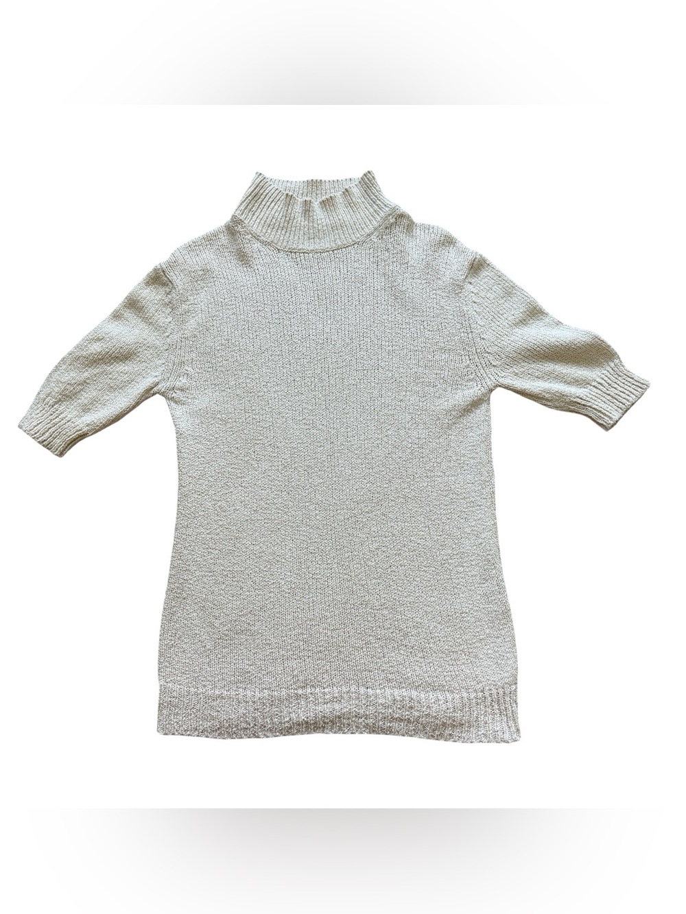TSE Oatmeal Mock Neck Short Sleeve Sweater Luxury Minimalist Knit Top S Italian